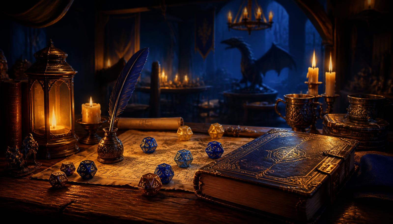 Mesa de juego de rol iluminada con velas, dados y un grimorio dorado